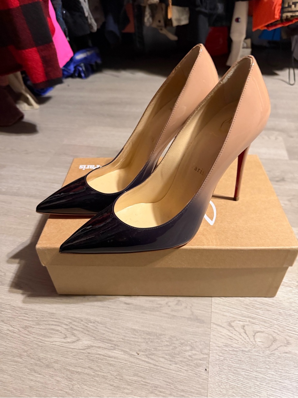 Christian Louboutin Beige and Black Patent Pointed-Toe Stilettos